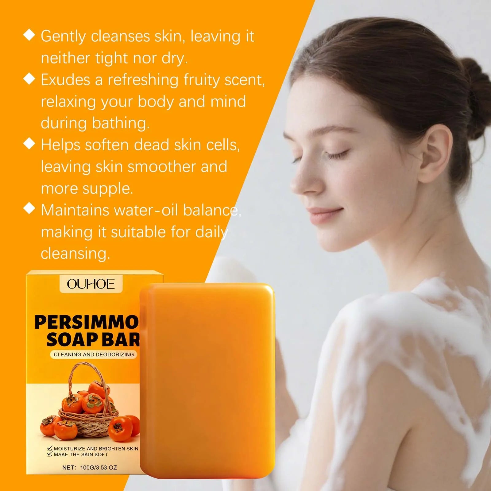 OUHOE Persimmon Soap Bar Sweet Fruity Scent Strengthen Skin Barrier Protection Maintain Healthy Removes Surface Dirt