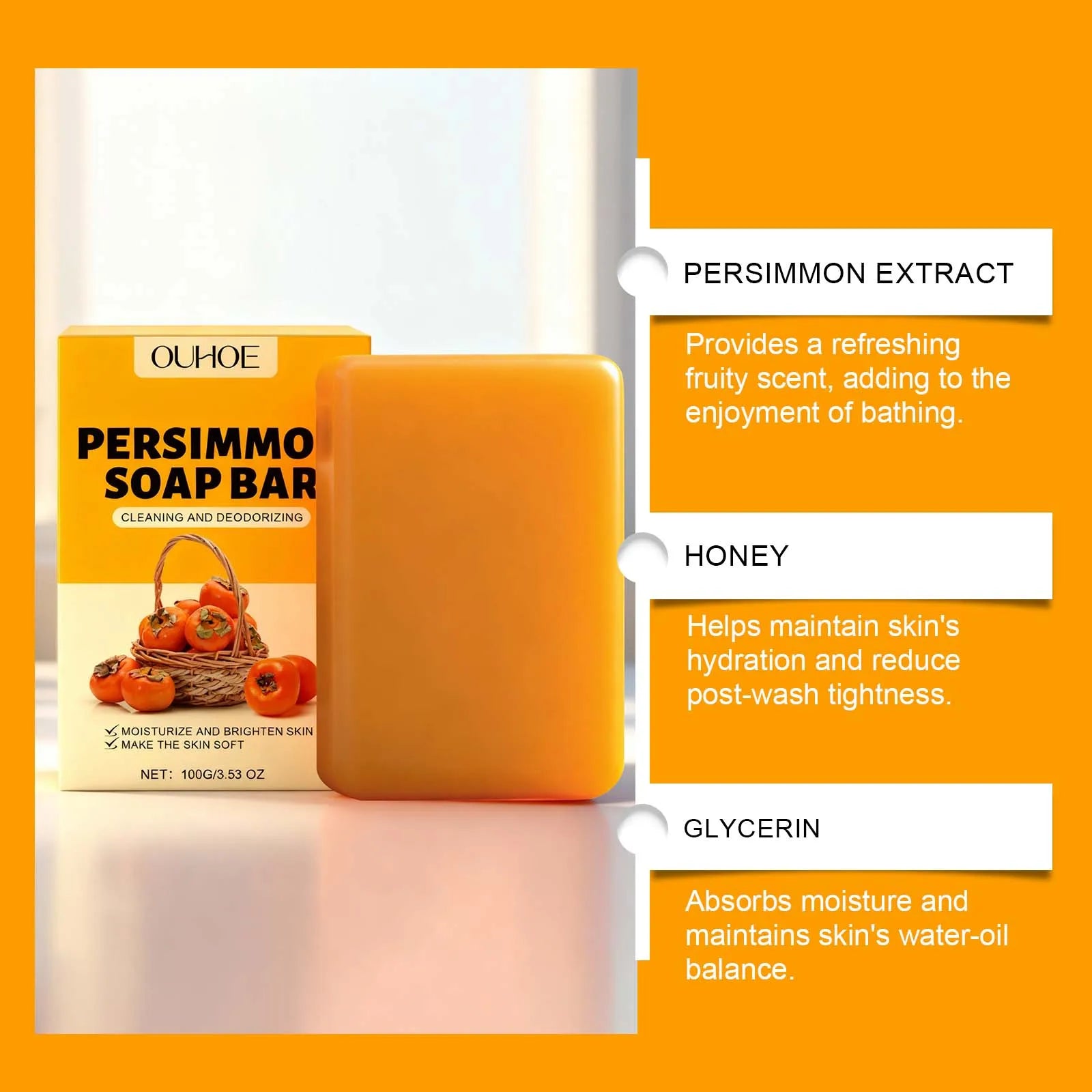 OUHOE Persimmon Soap Bar Sweet Fruity Scent Strengthen Skin Barrier Protection Maintain Healthy Removes Surface Dirt